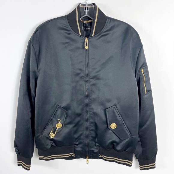 Versace Safety Pin Black Satin Bomber Jacket Size NWT Two Tone